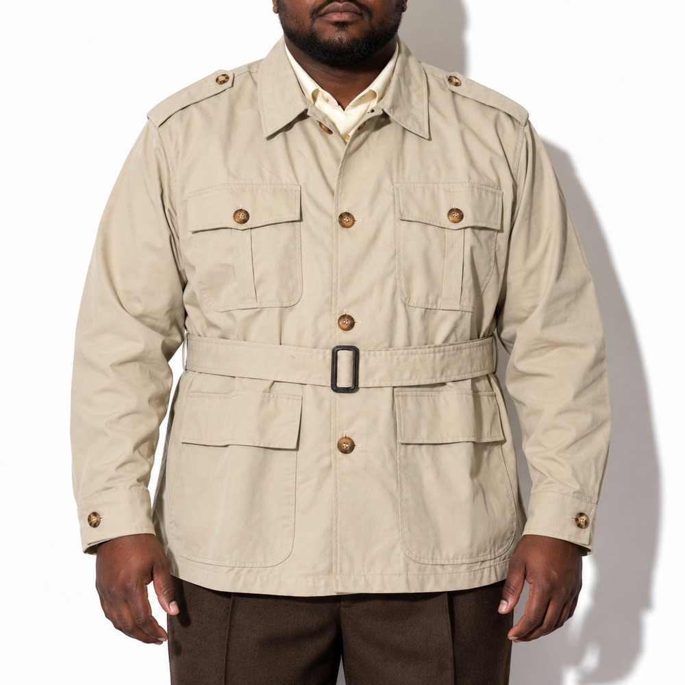 Safari Utility Coat Mens 2XL Beige Cotton Blend Belted Four Pocket Vintage 70s